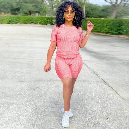 2024 New Summer Round-neck Solid Color Short-sleeved Two-piece Yoga Shorts Women's Sports Suit