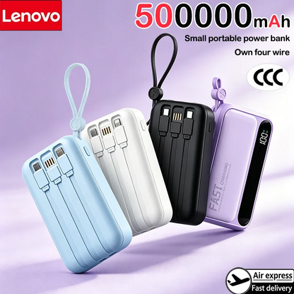 Lenovo Fast Charging Mini Battery Pack 50000mAh Power Bank with 4 Built-in Type C Cables for iPhone Samsung Android Devices
