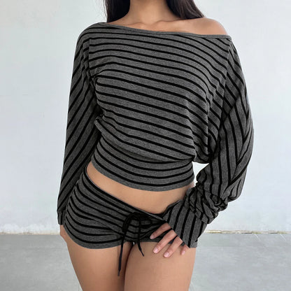 Women Summer 2 Piece Outfits Fall Stylish Long Sleeve Off Shoulder Striped Crop Tops and Elastic Waist Shorts Set Y2k Clothes