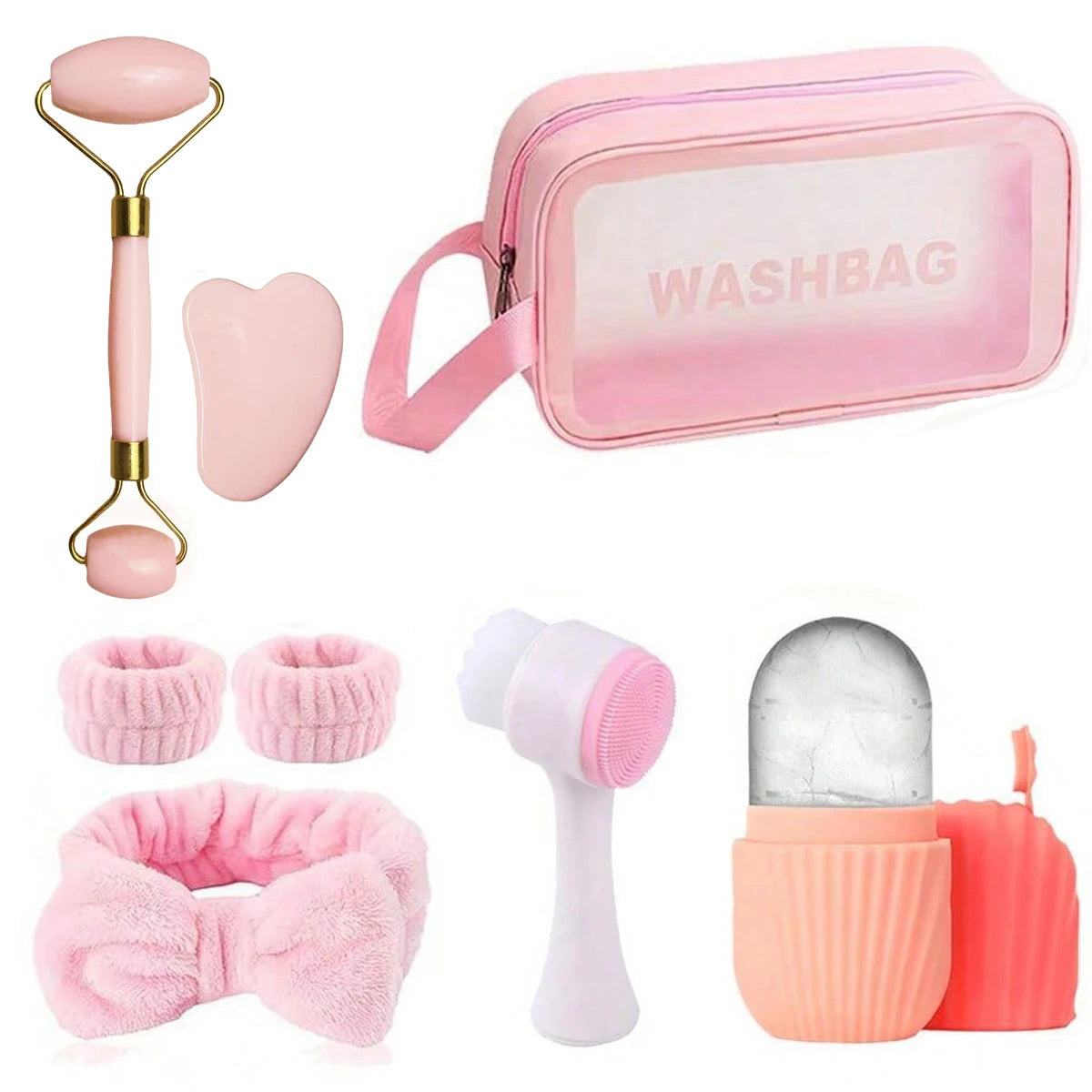 8-piece Home Facial Care Set - Resin Roller, Ice Mask Device, Cleansing Brush, Toiletry Bag Full Set