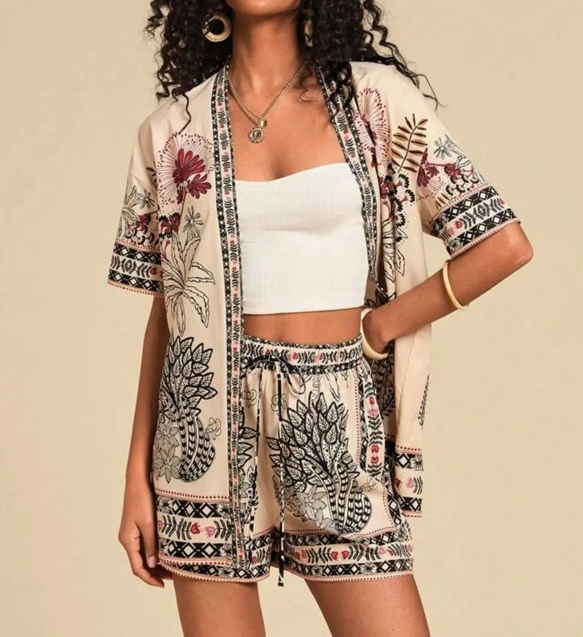 Summer Women's Suit With Shorts Crop Top Short Pants Drawstring Waist Floral Print Casual Shorts Two-piece Set
