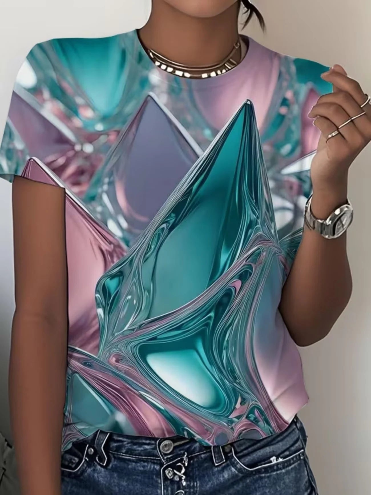 LUXURIOUS GLITTERY FEATHER PRINT IN GOLD, PINK & TEAL HUES—OPULENT, EYE-CATCHING STYLE. PAIR WITH JEANS FOR A STUNNING, GLAMOROU