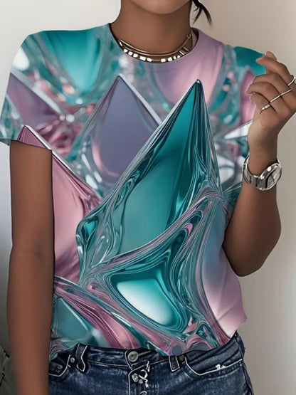 LUXURIOUS GLITTERY FEATHER PRINT IN GOLD, PINK & TEAL HUES—OPULENT, EYE-CATCHING STYLE. PAIR WITH JEANS FOR A STUNNING, GLAMOROU
