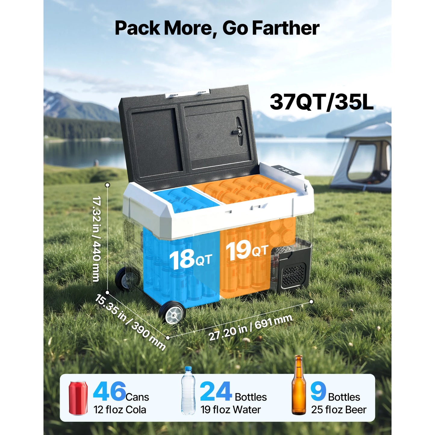 SucceBuy Car Refrigerator -4°F to 68°F Truck Refrigerator with APP Control Wheels & Dual Zone 37/48/58QT Cars Cooler for RV Boat