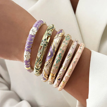 Elegant Enamel Dropped Glaze Flower Texture Bracelet For Women Retro Gold Plated Evil Eye Floral Zircon Bangle Party Jewelry