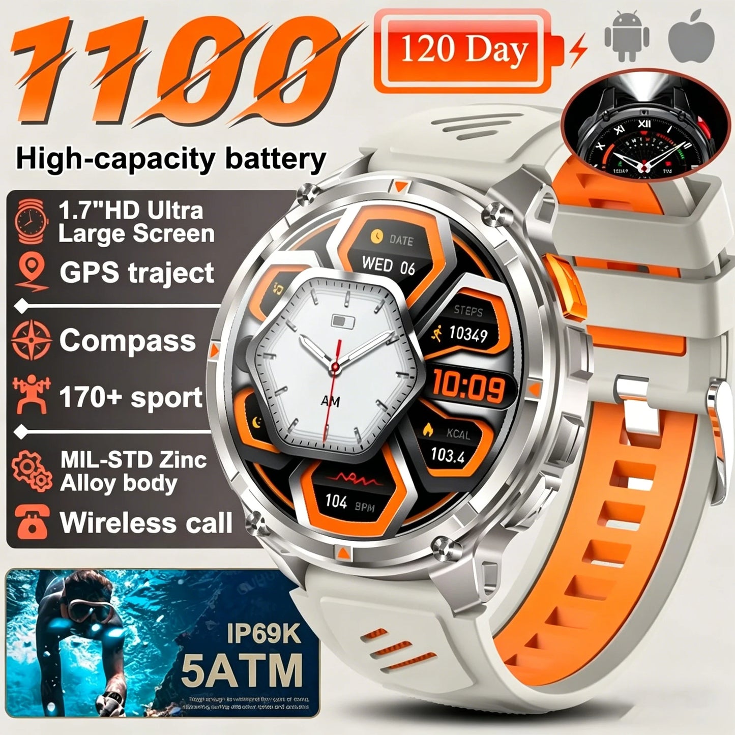 New T-REX3 Ultra 1100mAh Battery SmartWatch 10ATM Waterproof GPS Compass Flashlight 1.7" AMOLED HD Call Sports Smart Watch Men