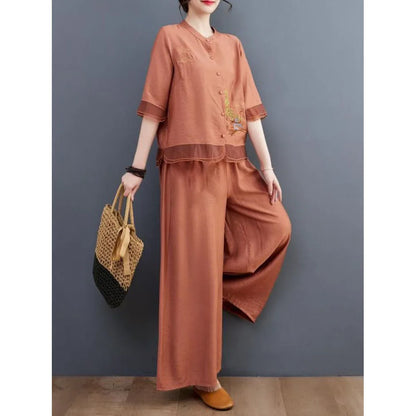Spring Summer Women Leisure Pants 2PCS Middle Aged Mother Cotton Linen Suit 2026 Female Embroidery Two-piece Set Large Size 5XL