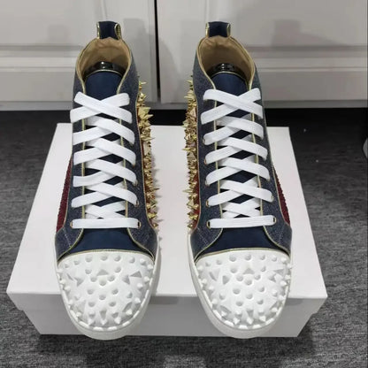 Red Rhinestones Gold Metal Rivets Men's Casual Sports Shoes Round Toe Lace-Up Thick Flat Sole High-Top Sneakers Male Patchwork