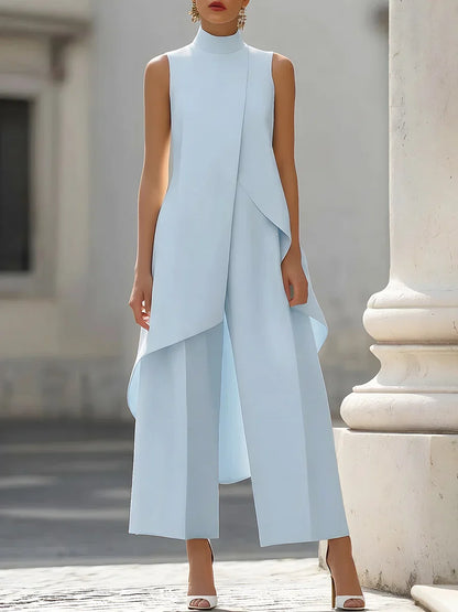Sleeveless High Neck Jumpsuit With Asymmetric Draped Overlay Wide Leg Culottes Elegant Formal Evening Wear For Women