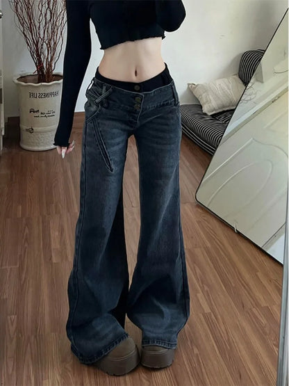 American Retro Low Waisted Jeans for Women's New Style Loose and Personalized Spicy Girl Design Washed Micro Flared Pants