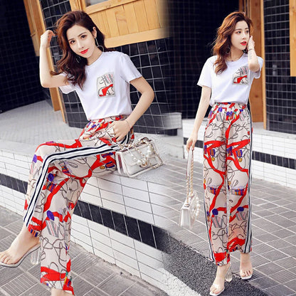 Women Suit 2025 Summer New Korean Style Short Sleeve Tops Fashion Wide Leg Pants 2 Two Piece Set Casual Plus Size Female Outfits