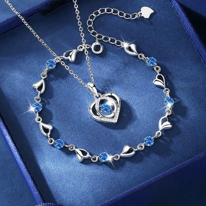 925 Sterling Silver Heart Shaped Necklace Bracelet Set for Women Vintage Korean Blue Crystal Bracelets Jewelry Set Party Jewelry