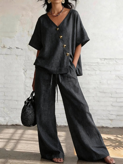 Casual Loose Pants Sets Women Summer 2026 Fashion Short Sleeve V-neck Tops And Wide Leg Pant 2 Piece Set Woman Outfits