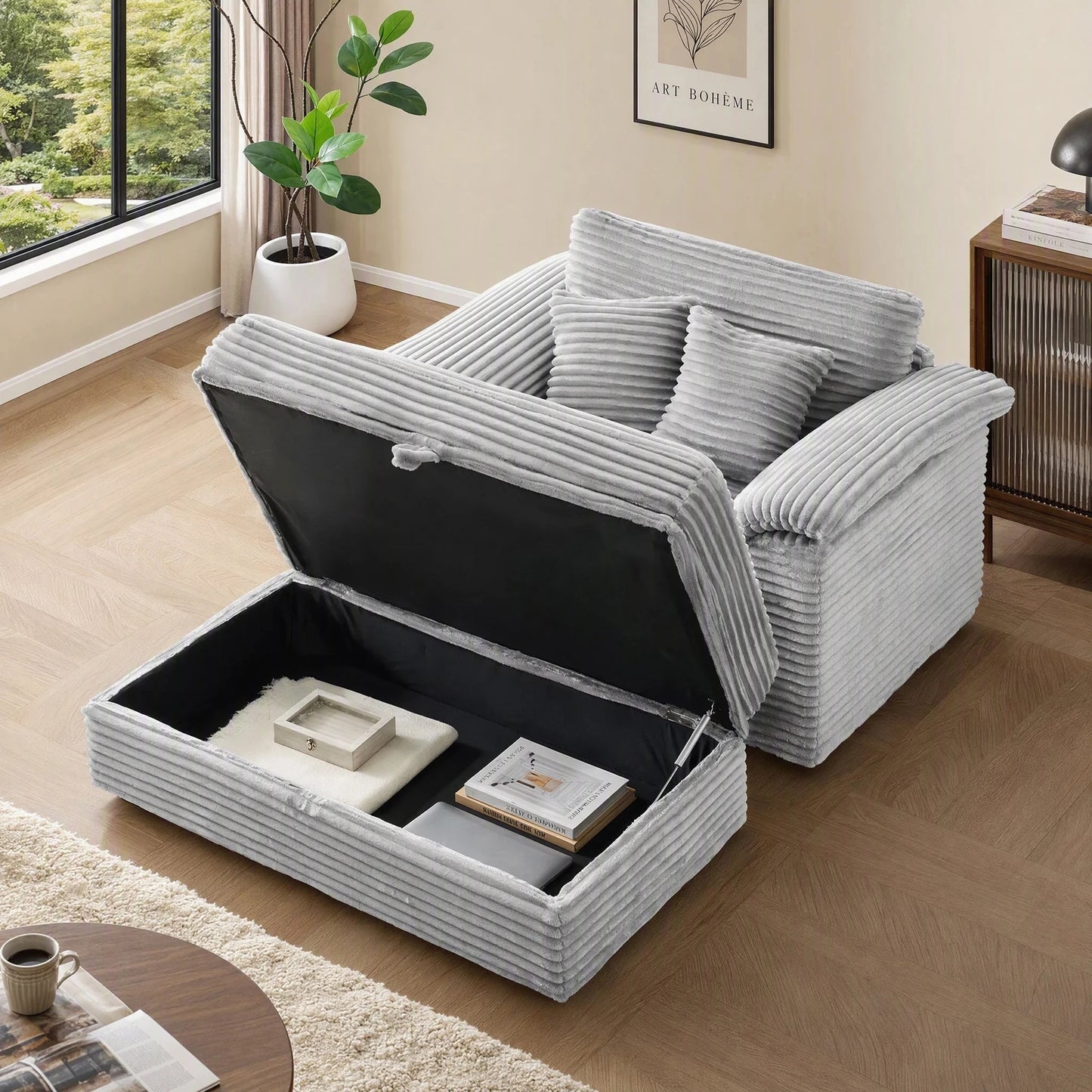 47.24-Inch Corduroy Armchair Storage Ottoman Set Single Sofa Equipped With USB Interface Suitable for Living Room Bedroom