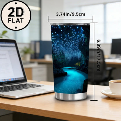 20oz Glowworm Cave Printed Stainless Steel Tumbler with Lid and Straw, Bioluminescent Underground River Blue Glow Landscape Vacuum Insulated Travel Coffee Mug Gifts for Nature Lovers