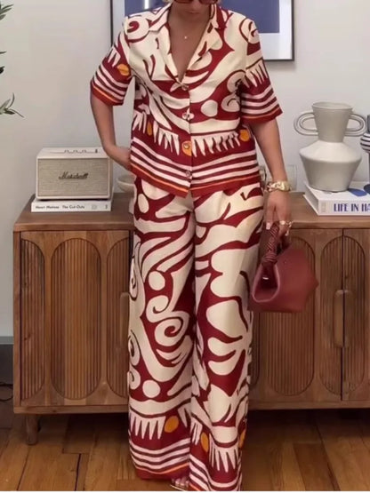 New Fashion Printed Two-piece Set Women's Short-sleeved Lapel Top High-waisted Wide-leg Pants Set Temperament Elegant Clothing