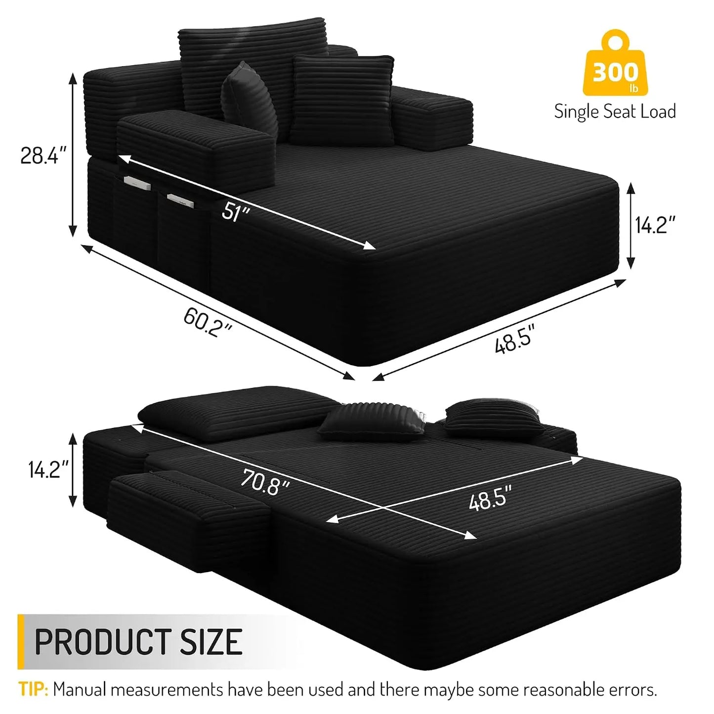 2-in-1 Convertible Chaise Lounge Indoor, 60.2" Corduroy Upholstered Chaise Lounge Chair that Converts to Sleeper, Custom