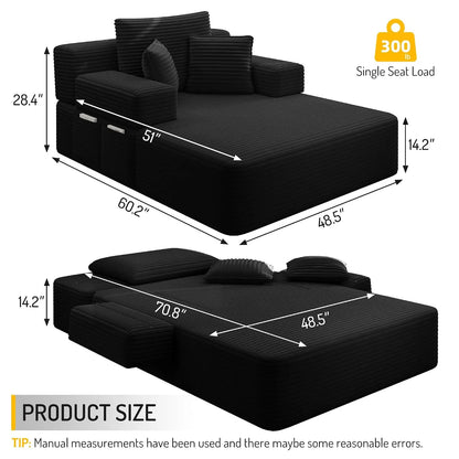 2-in-1 Convertible Chaise Lounge Indoor, 60.2" Corduroy Upholstered Chaise Lounge Chair that Converts to Sleeper, Custom
