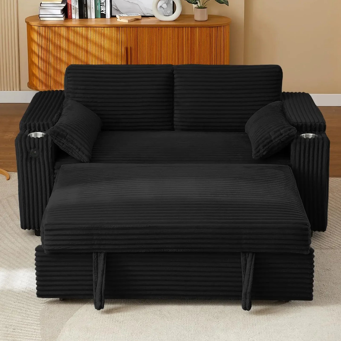 hansones 65'' 3-in-1 Folding Convertible Sofa Bed, Pullout Sofa, Modern Chenille Fabric, 360° Swivel Side Table, Easy Assembly,