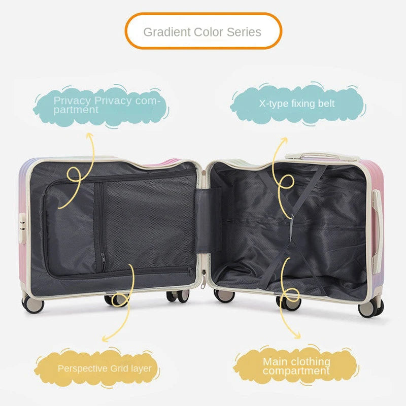 Gradient Color kids' Luggage Can Ride Small Travel Boarding Box with Cup Holder and Combination Lock 20/22inch Suitcase Children