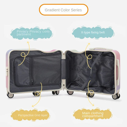 Gradient Color kids' Luggage Can Ride Small Travel Boarding Box with Cup Holder and Combination Lock 20/22inch Suitcase Children