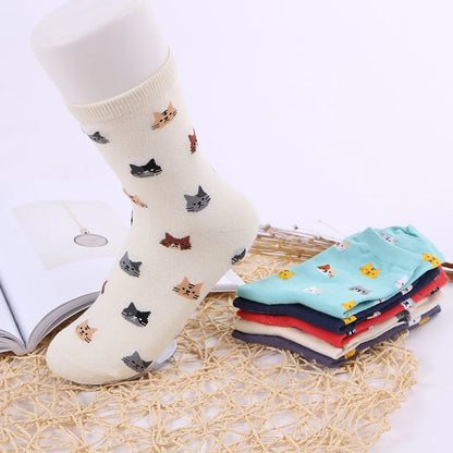 5 Pairs Women Cat Print Mid Tube Socks Fashionable Multi-Color Cartoon Patterns That Soft Comfortable Breathable Casual Socks