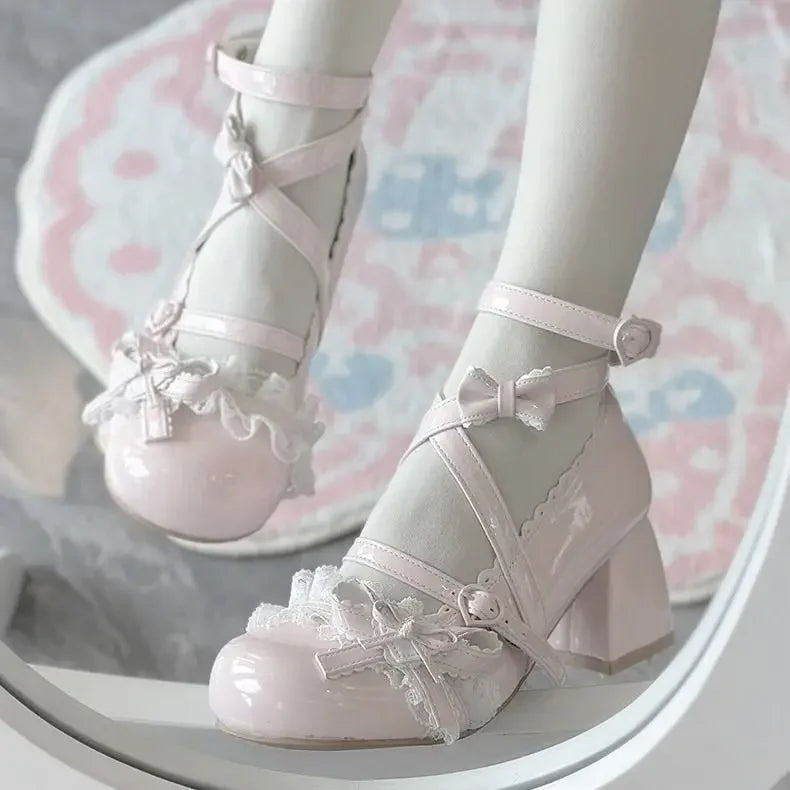 Lolita Mary Jane Shoes  New Women's Cute Bow High Heels Princess Heeled Single Shoes Spring Autumn Leather Pumps