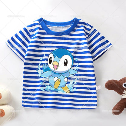 Cartoon Pokemon Stripe T Shirt Cute Pikachu Eevee Bulbasaur Baby Boy Girl Summer Tops Kawaii Toddler Short Sleeve Tee Shirts