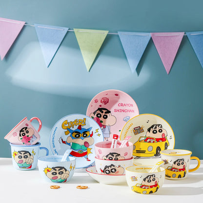 New 1Set/4Pcs Cute Cartoon Anime Crayon ShinChan Ceramics Gift Box Set Kawaii Rose Bowl Plate Spoon Cup childen Birthday Gift