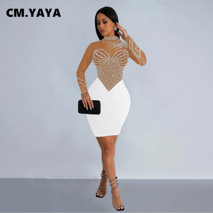 CM.YAYA Women Long Sleeve Mesh Diamonds Hot Rhinestones Mini Dress 2024 Summer Evenning Sexy Party Night Club Dresses Vestidos