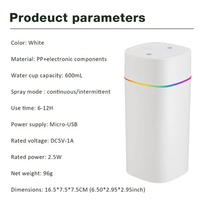 Portable USB Cool Mist Nano Sprayer 600ml Aroma Oil Diffuser for Home Car Electric Air Humidifier Mist Maker Light Aromatherapy