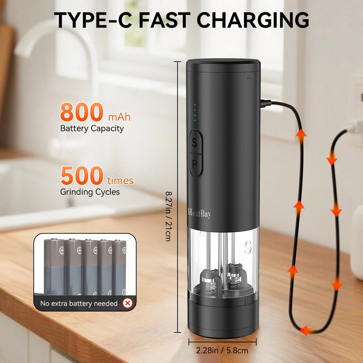 Rechargeable Electric Salt and Pepper Grinder with LED Light, Adjustable Coarseness, Designed for One-Handed Kitchen Cooking
