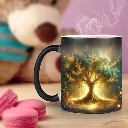 A color-changing magic cup, thermal response ceramic coffee cup, when filled with hot liquid, will appear glowing tree of life