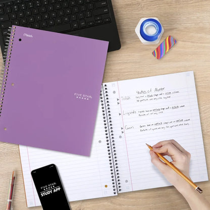 Spiral Notebook with Study App 5 Subject Wide Ruled 8 x 10.5 Inches Amethyst Color for School College Office Supplies