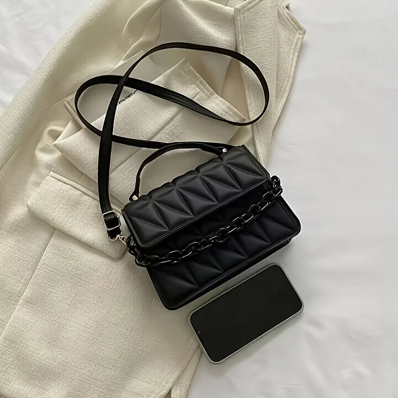 Quilted Rhombus Small Handbag for Women, Retro Thick Chain Flap Square Purse, Versatile Crossbody Shoulder Bag for Daily Outfit