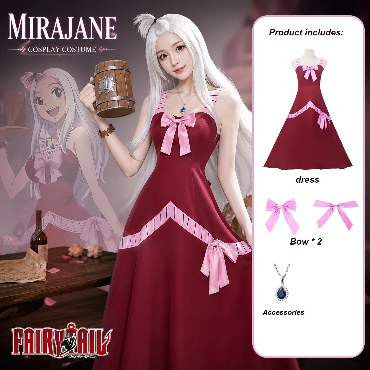 Anime Mirajane Strauss Fairy Tail Red Long Dress Cosplay Full Set Costume Outfit Women Halloween Party Stage Cos Convention