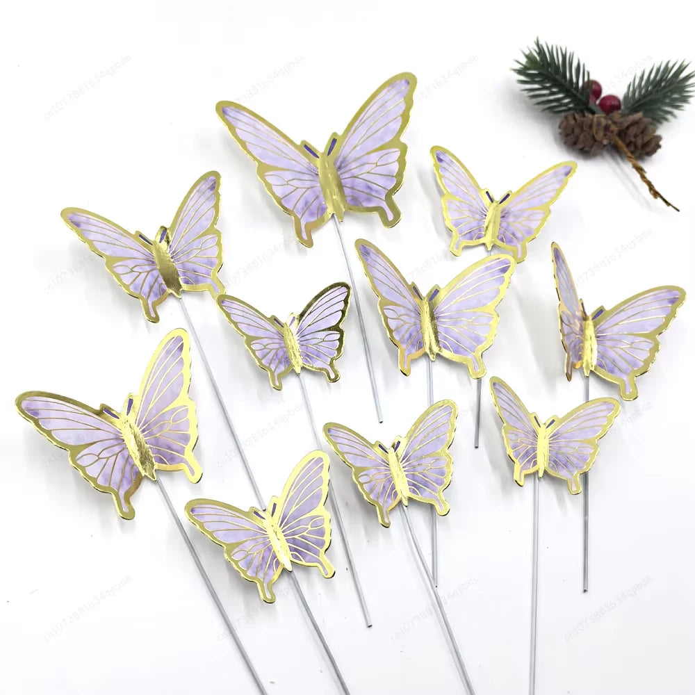 DIY Stamping Gold Pink Butterfly Cake Toppers Happy Birthday Cake Decoration Wedding Party Decor Shower Dessert Baking Supplies
