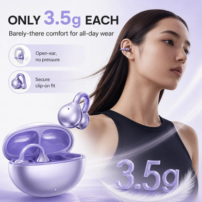 Open Ear Clip Wireless Headphones Bluetooth 5.4 Earphones with Long Battery Life, Sports Gaming Stereo Touch Control LED Mics