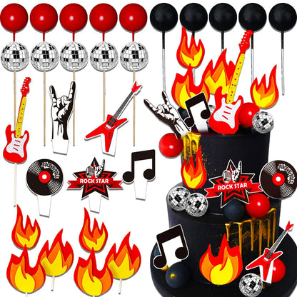 LaVenty Rock Music Cake Topper Black Red Balls Guitar Cake Toppers Music Notes Balls Cake Decoration for Musician Birthday Party