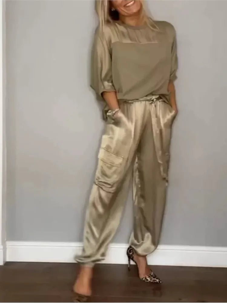 Women's Summer Fashion Solid Satin Two Piece Set Women O Neck Long Sleeved Top Long Pants Casual Loose 2 Piece Set Women Clothes
