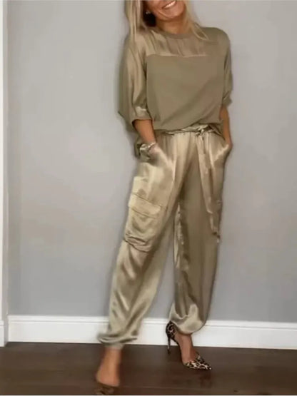 Women's Summer Fashion Solid Satin Two Piece Set Women O Neck Long Sleeved Top Long Pants Casual Loose 2 Piece Set Women Clothes