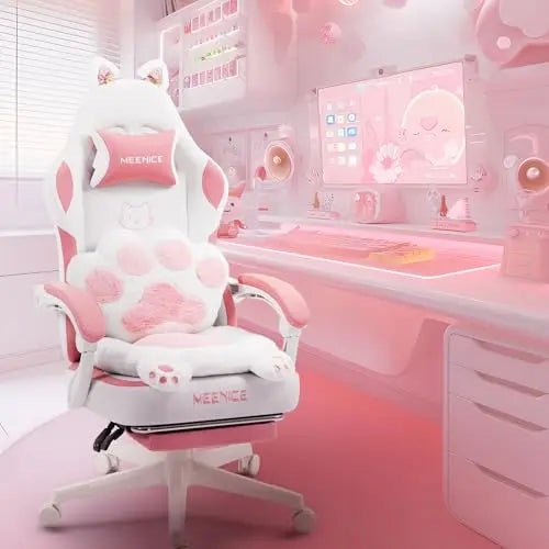 Pink Gaming Chair Cute with Cat Ears Paw Lumbar and Cushion,Ergonomic Computer Chair with Footrest,Reclining PC Game