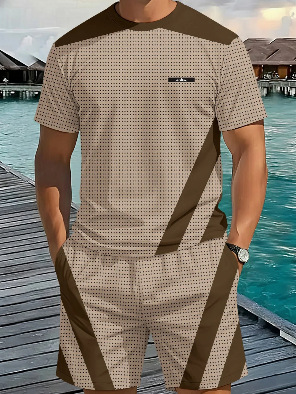 Men's Classic Stripe Printed T-Shirt Shorts Set Plus Size Short Sleeve T-Shirt and Drawstring Shorts Summer Casual Two Piece Set