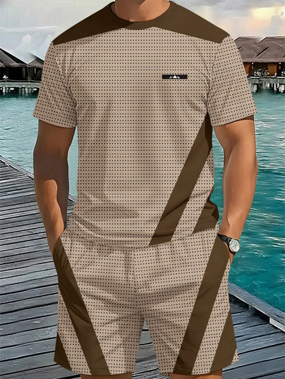Men's Classic Stripe Printed T-Shirt Shorts Set Plus Size Short Sleeve T-Shirt and Drawstring Shorts Summer Casual Two Piece Set