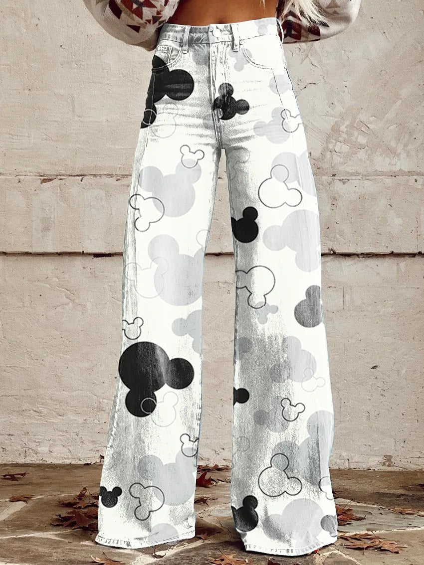 Women's 3D Printed Flare Jeans-Polyester Wide Leg Pants with Distressed Vintage Look, High Waist Comfort Fit for Street Fashion