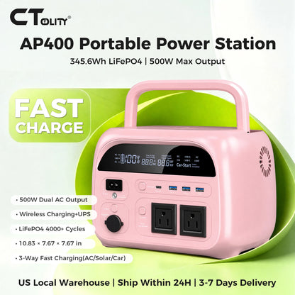 CTOLITY AP400 345.6Wh Portable Power Station 500W Power bank, LiFePO4 Solar Generator with 150W Solar Input, UPS Backup Battery, Wireless Charging, AC/DC/USB Output for Camping Home Emergency