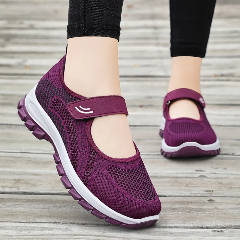 Summer Ladies Breathable Mesh Sport Shoes Lightweight Velcro Slip On Thick Sole Non Slip Elderly Women Walking Casual Sneakers