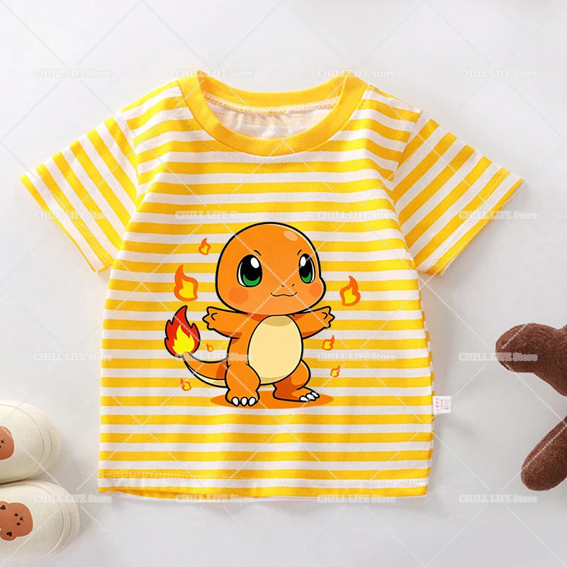 Cartoon Pokemon Stripe T Shirt Cute Pikachu Eevee Bulbasaur Baby Boy Girl Summer Tops Kawaii Toddler Short Sleeve Tee Shirts