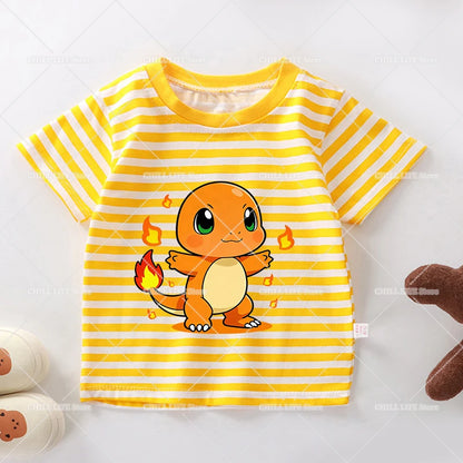 Cartoon Pokemon Stripe T Shirt Cute Pikachu Eevee Bulbasaur Baby Boy Girl Summer Tops Kawaii Toddler Short Sleeve Tee Shirts
