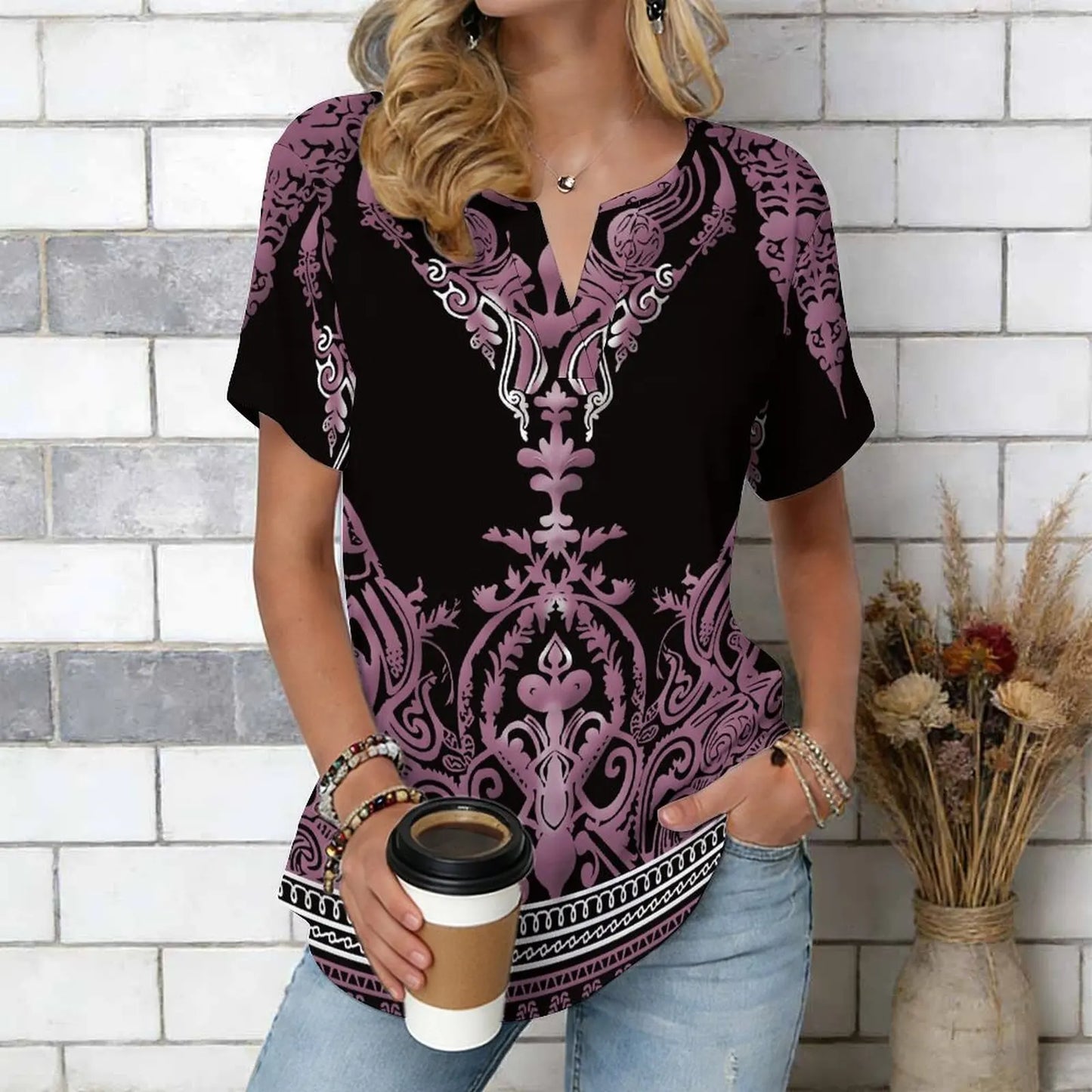 Women Print Notched V Neck Short Sleeve Casual Loose Tunic Tops